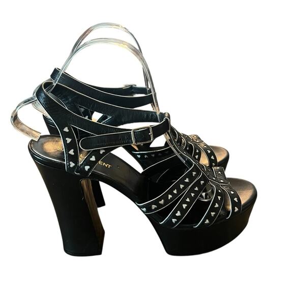 Saint Laurent Black Leather Platform Heel Sandal Silver Hearts EU 40.5 US 10.5 - Picture 5 of 14